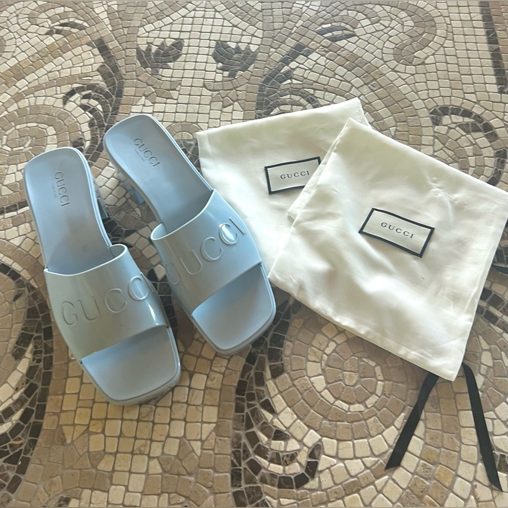 Authentic Gucci Rubber Logo Platform Slide Sandals Light Blue 624730 Size 42